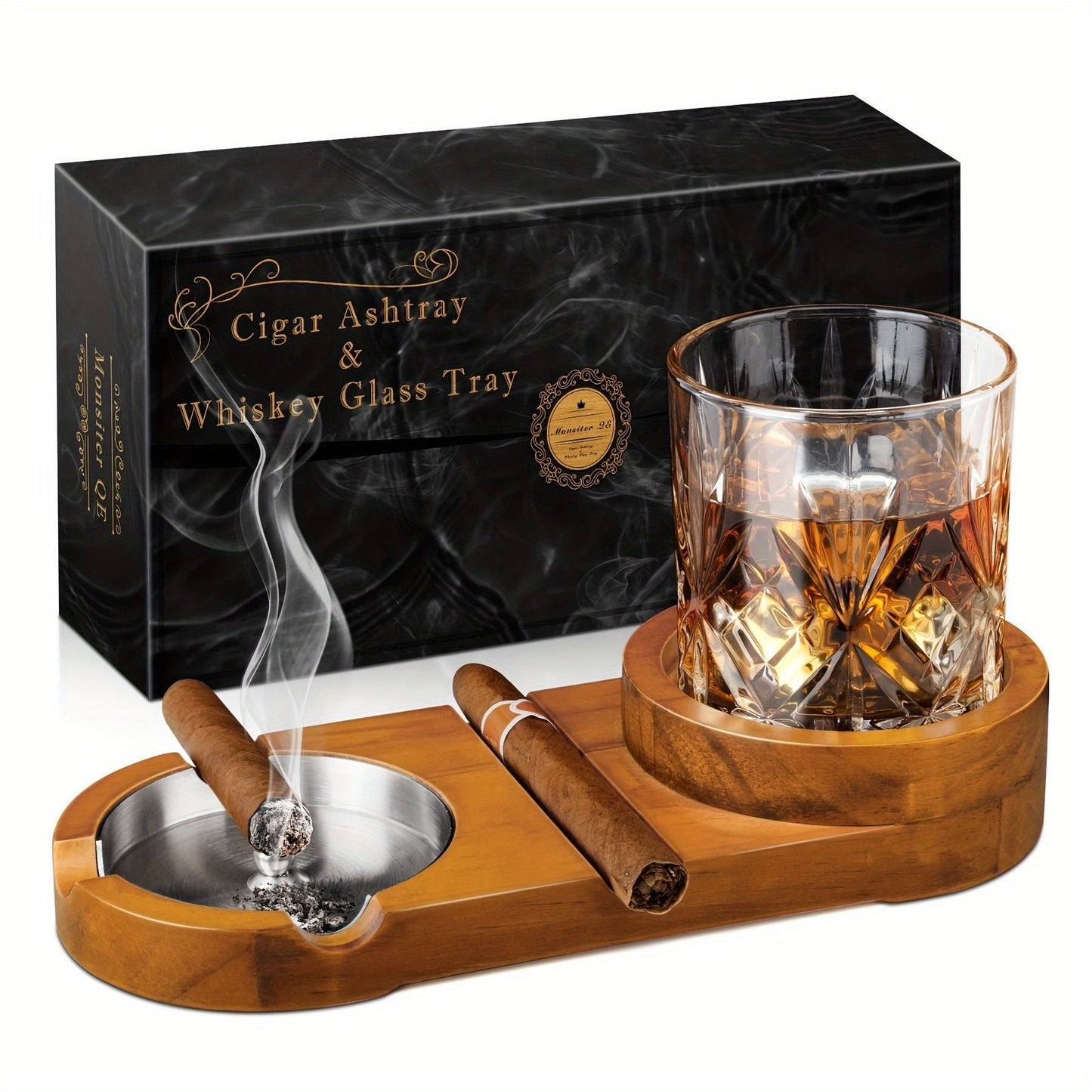 Whiskey Glass with Creative Cigar Ashtray and Tray