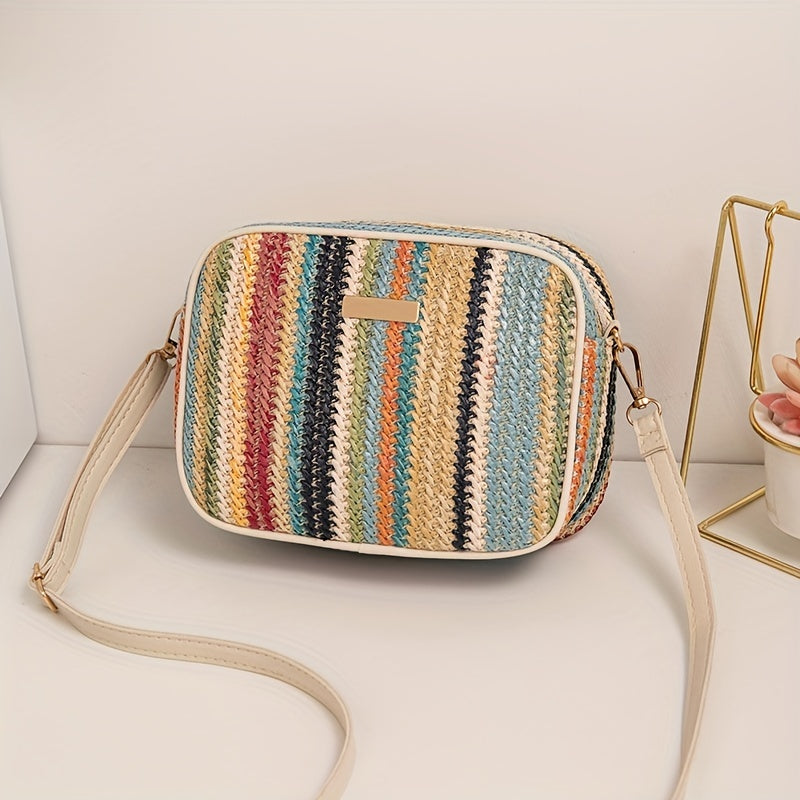 Bag with Shoulder Women Striped Woven Design with Zip Closure