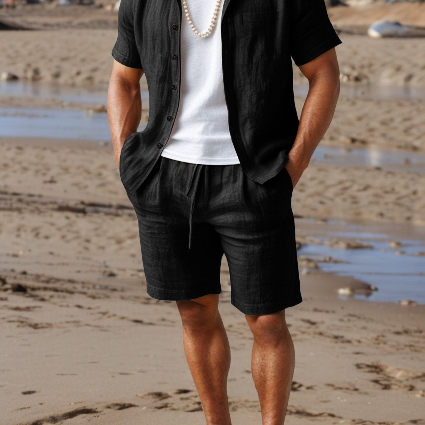 Set with Linen Summer Design for Men with Short Sleeve Shirt and Comfortable Shorts