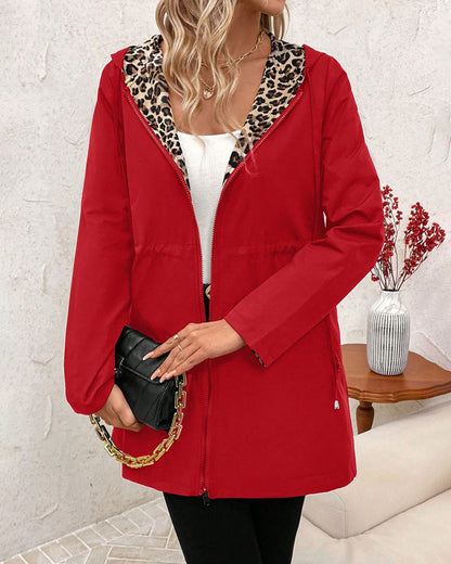 Ladies Reversible Jacket with Leopard Print and Hood for Casual Style