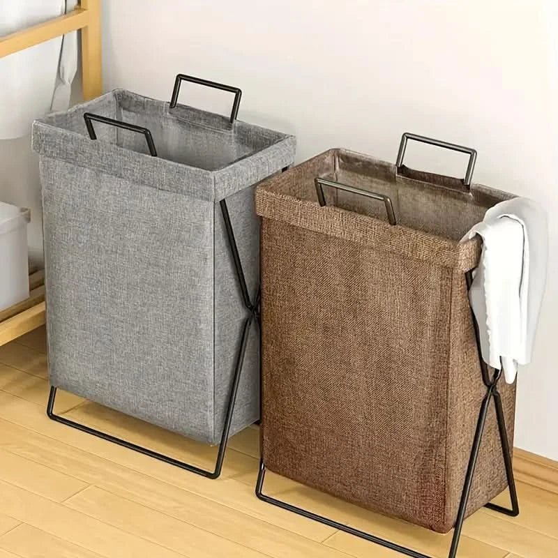 Basket with Foldable Laundry Metal Frame and Woven Fabric Storage Bag