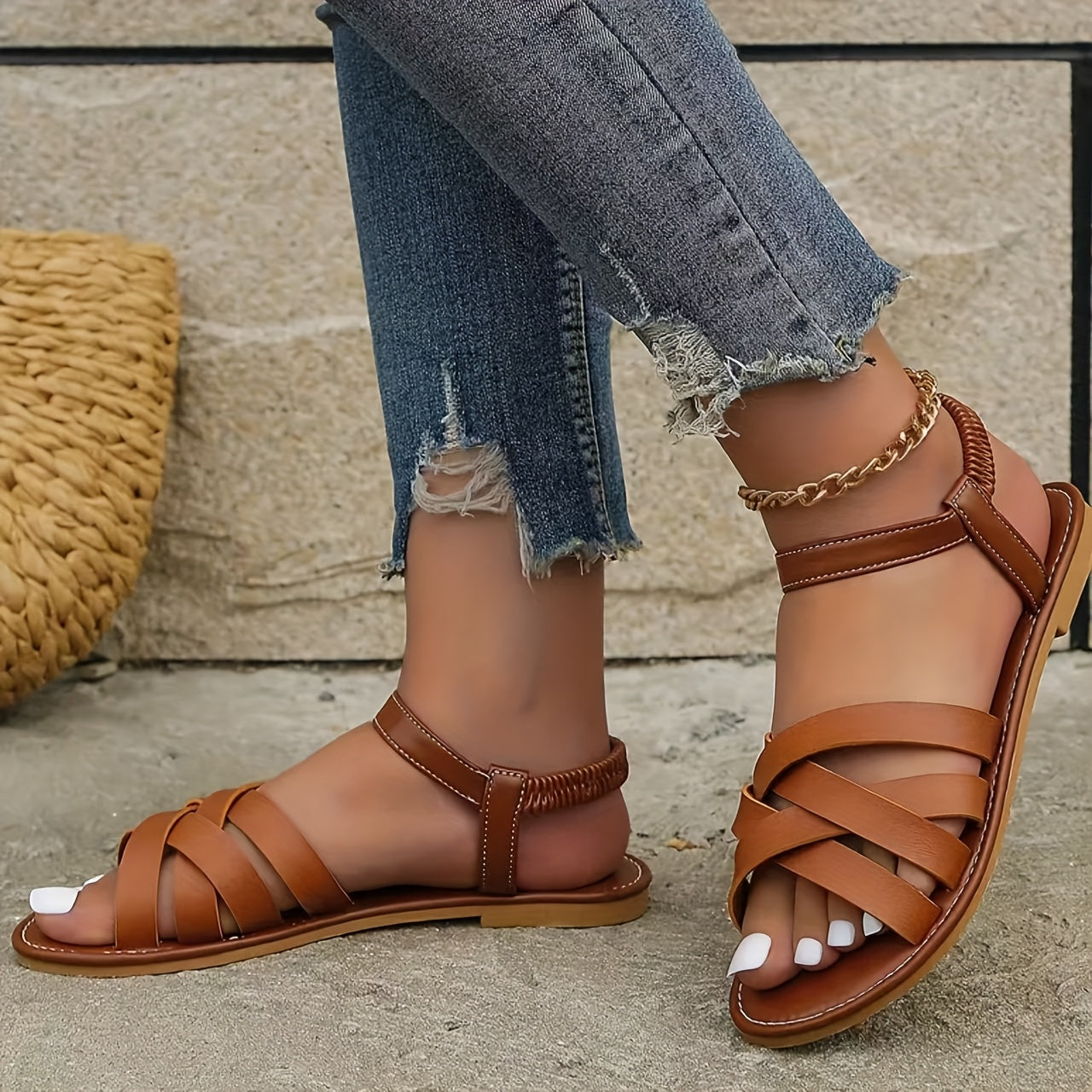 Sandals with Elegant Ladies' Crossed Straps and Comfortable Flat Sole