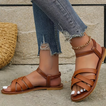 Sandals with Elegant Ladies' Crossed Straps and Comfortable Flat Sole