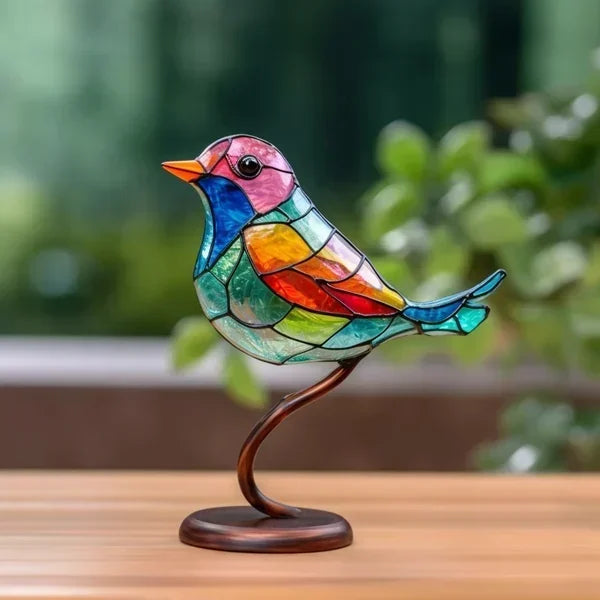 Table with Modern Bird Sculpture with Coloured Glass and Decorative Art Design