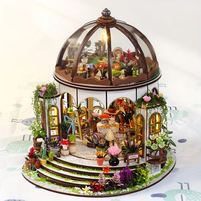 Miniature Flower House for 3D Wooden Puzzle with LED Lighting and Detailed Garden