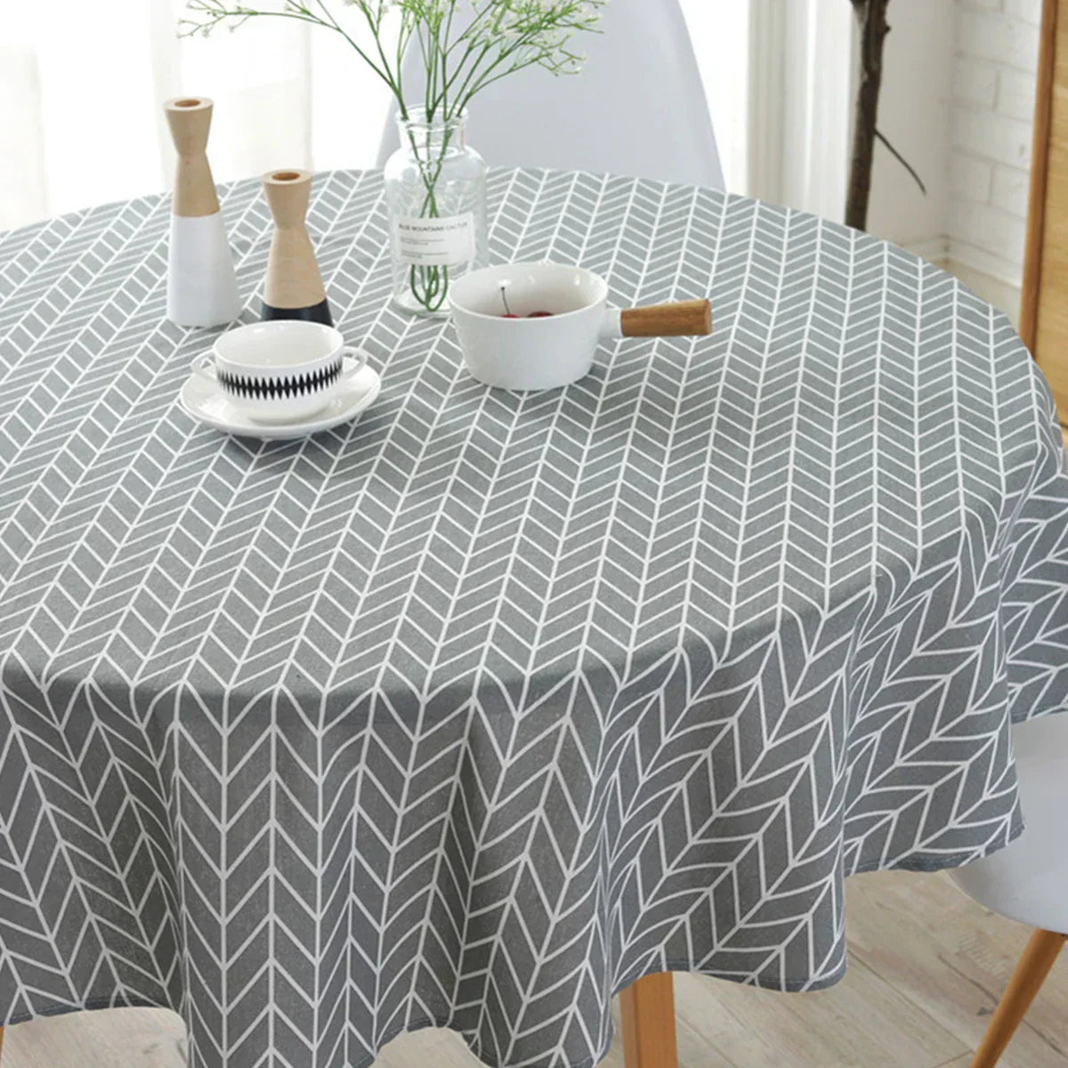 Table with Round Cloth with Herringbone Pattern for Stylish Table Decoration