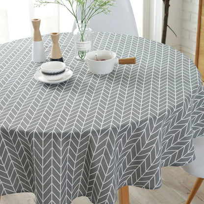 Table with Round Cloth with Herringbone Pattern for Stylish Table Decoration