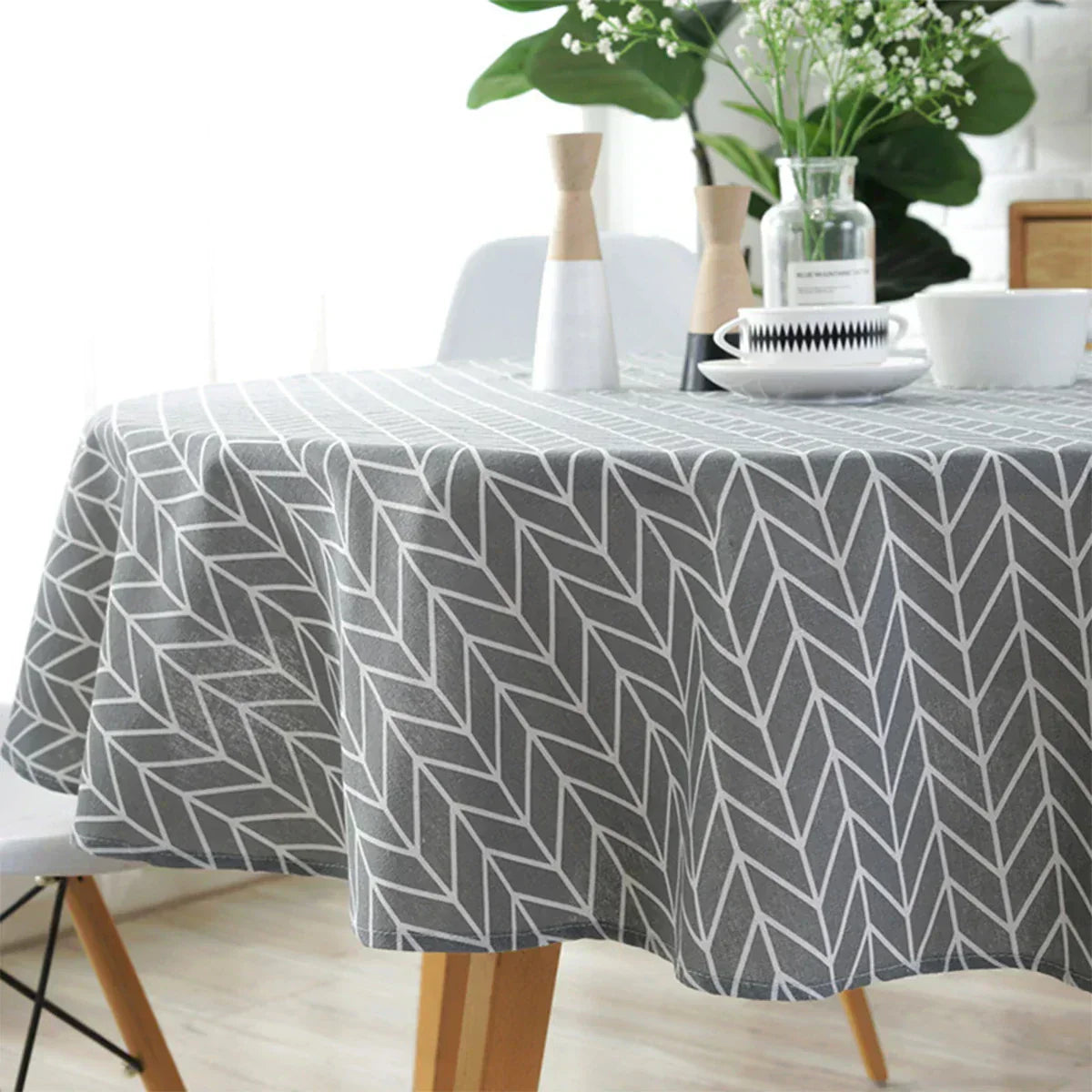 Table with Round Cloth with Herringbone Pattern for Stylish Table Decoration