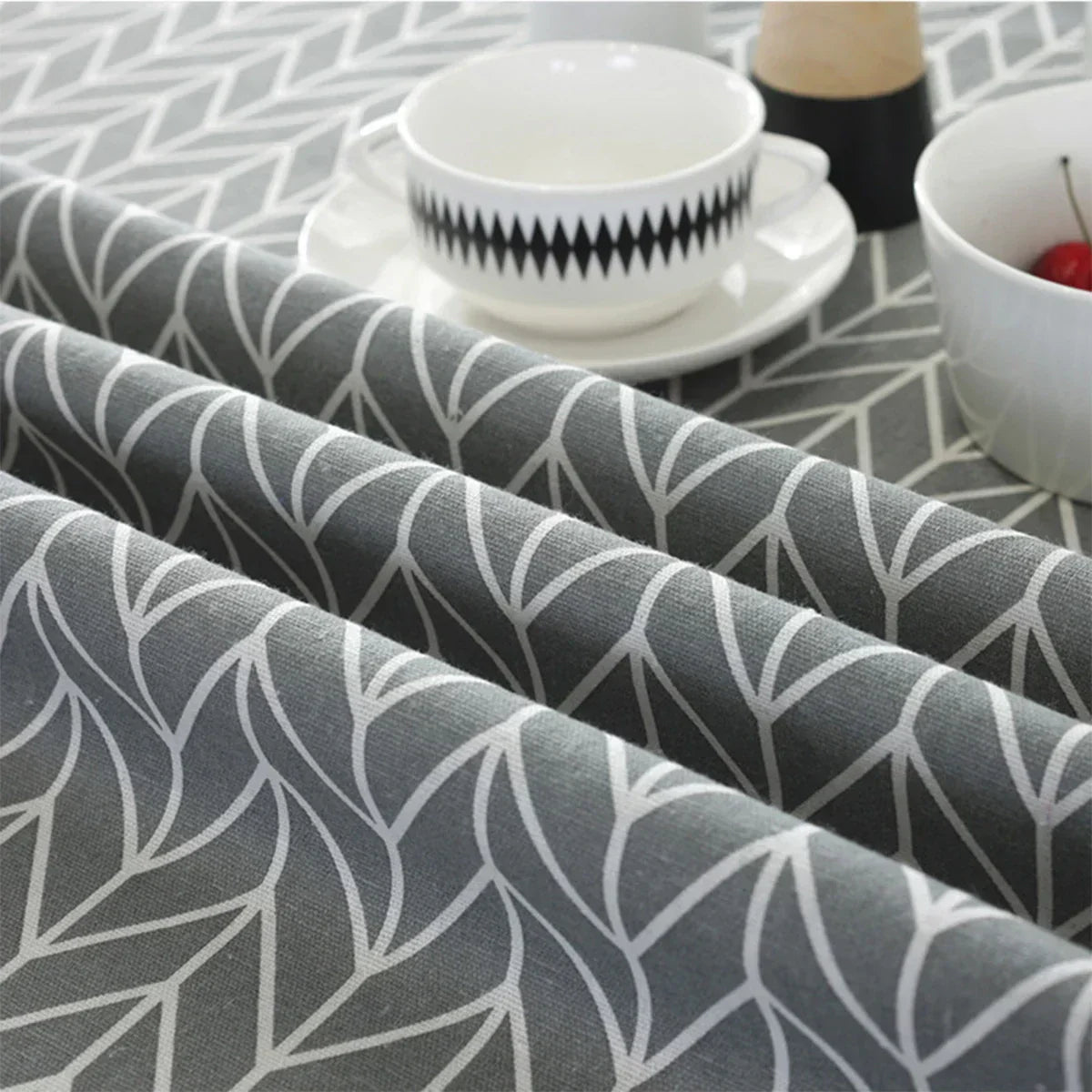 Table with Round Cloth with Herringbone Pattern for Stylish Table Decoration