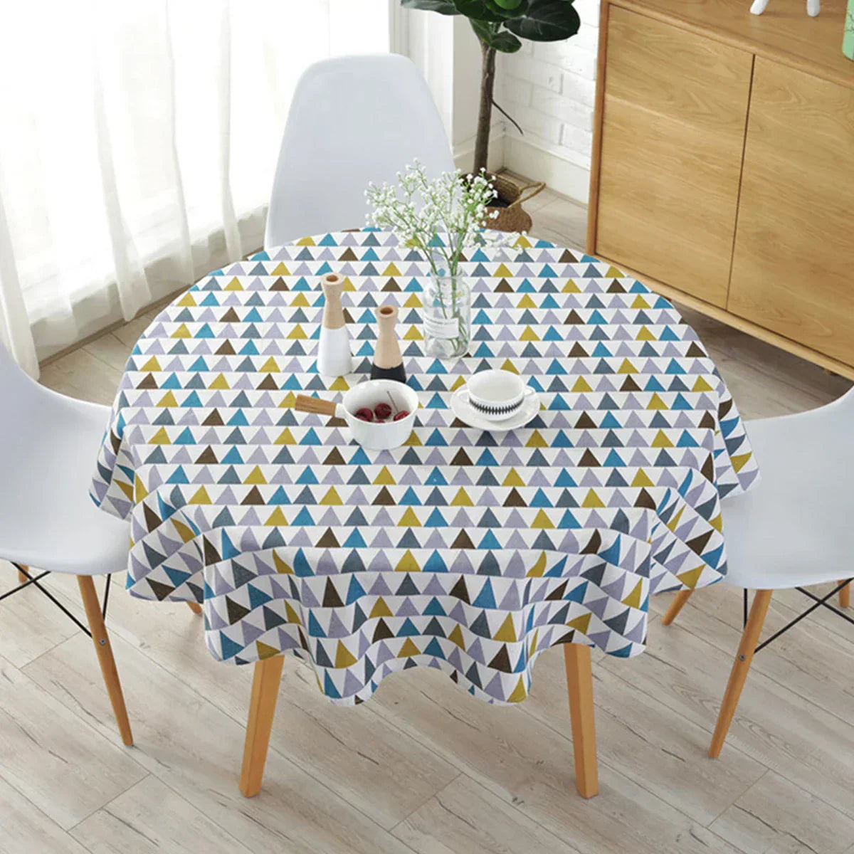 Table with Round Cloth with Herringbone Pattern for Stylish Table Decoration