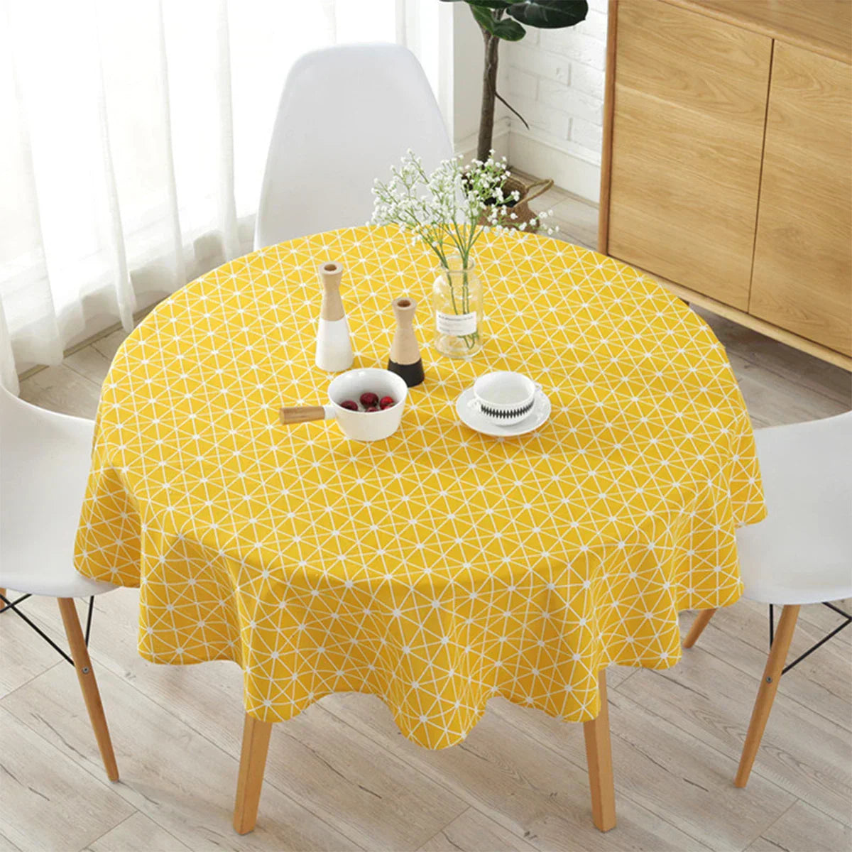 Table with Round Cloth with Herringbone Pattern for Stylish Table Decoration