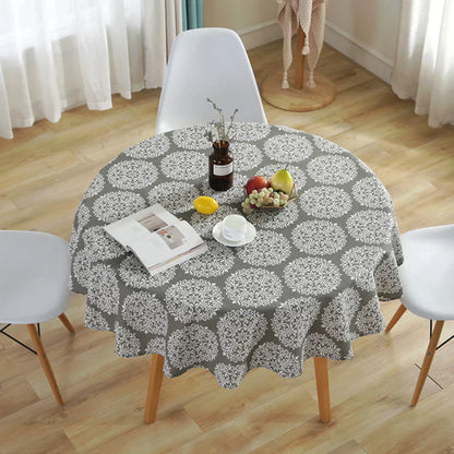 Table with Round Cloth with Herringbone Pattern for Stylish Table Decoration