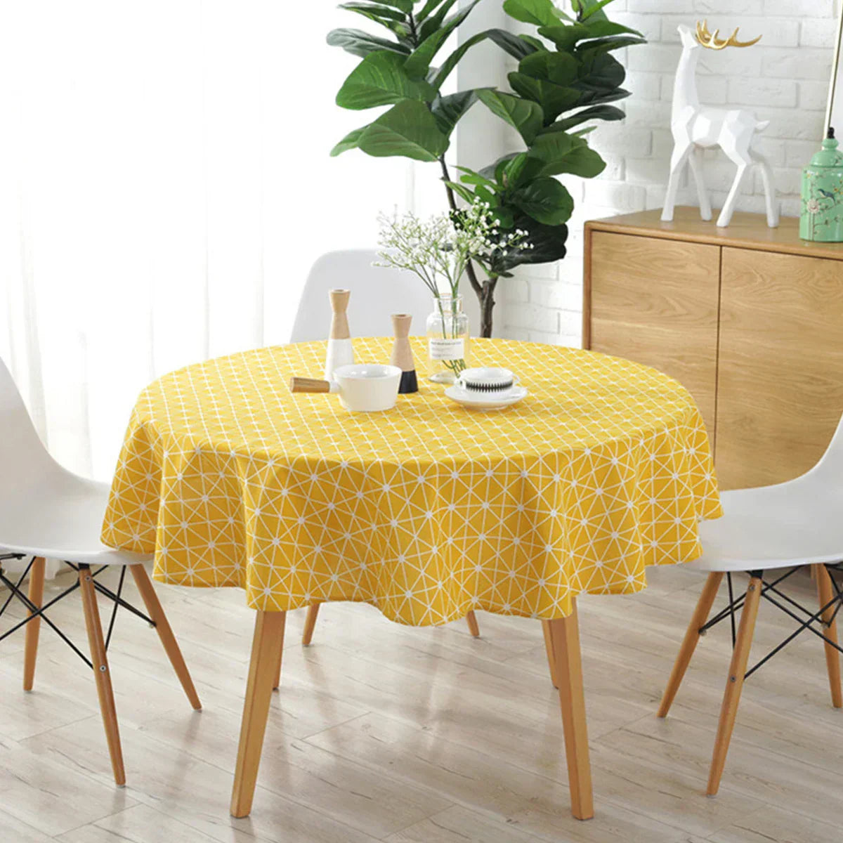 Table with Round Cloth with Herringbone Pattern for Stylish Table Decoration