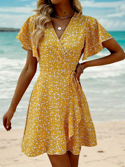 Lightweight Ladies' Summer Dress with Floral Print and Elegant Wrap Design