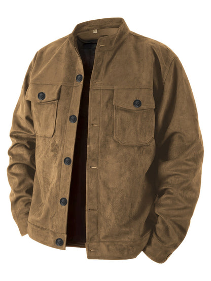 Stand with Men's Casual Jacket with Buttons and Up Collar for Vintage Work Jacket