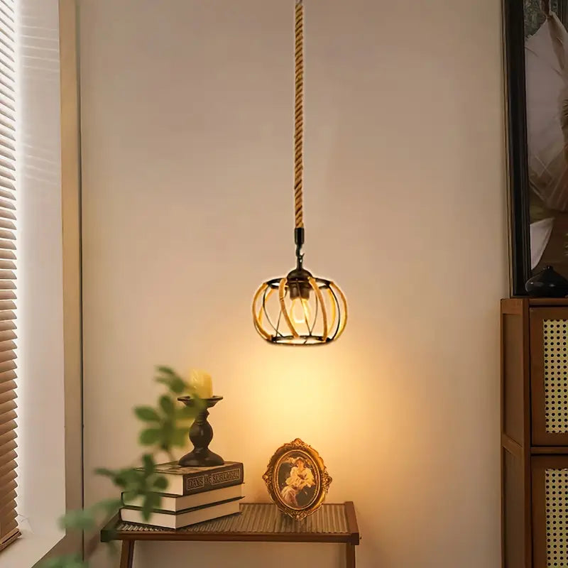 Industrial Pendant Light with Braided Rope and Metal Frame for Interior