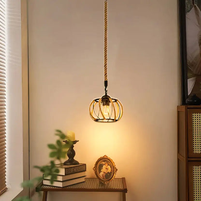 Industrial Pendant Light with Braided Rope and Metal Frame for Interior