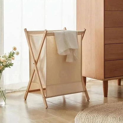 Basket with Foldable Wooden Laundry Fabric Bag for Stylish Laundry Storage