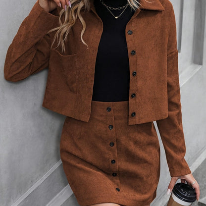 Set with Elegant Corduroy Women's Jacket and Skirt for Stylish for Spring & Autumn