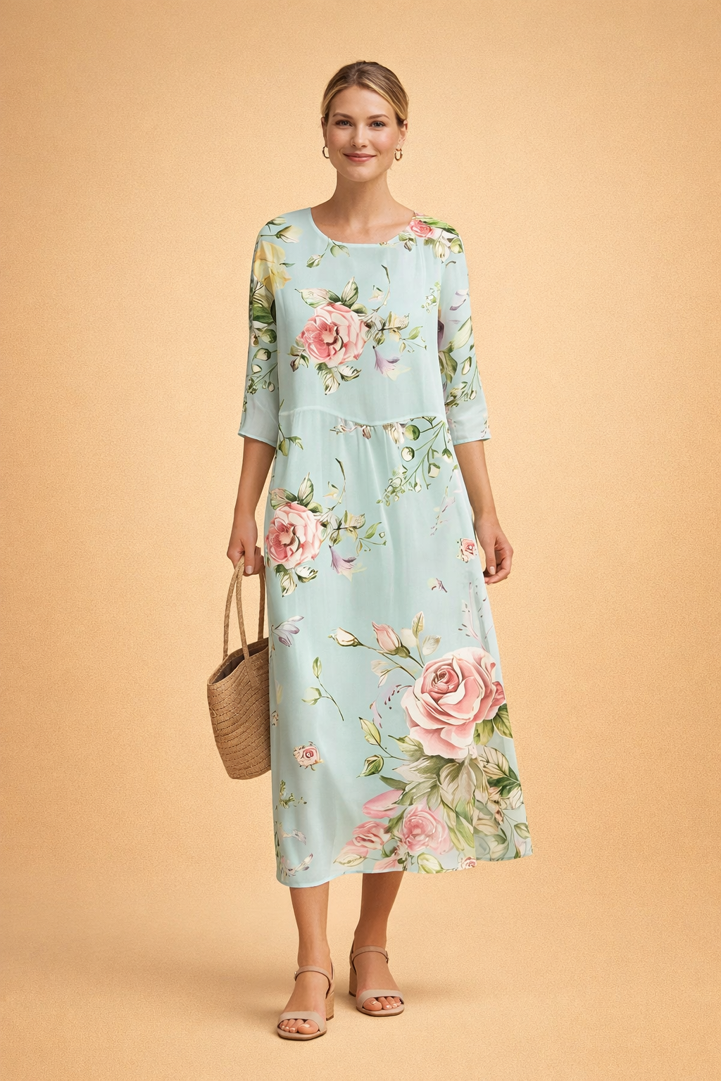 Ladies Elegant Midi Dress with Floral Print and Airy Fit