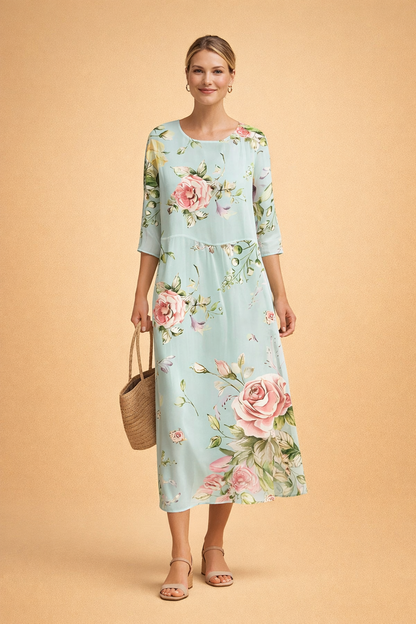 Ladies Elegant Midi Dress with Floral Print and Airy Fit