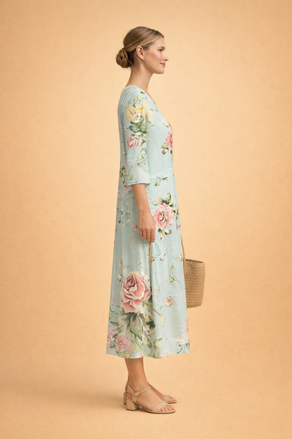 Ladies Elegant Midi Dress with Floral Print and Airy Fit