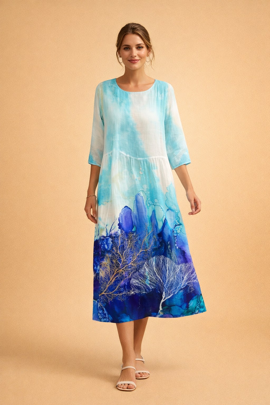 Ladies Elegant Midi Dress with Floral Print and Airy Fit