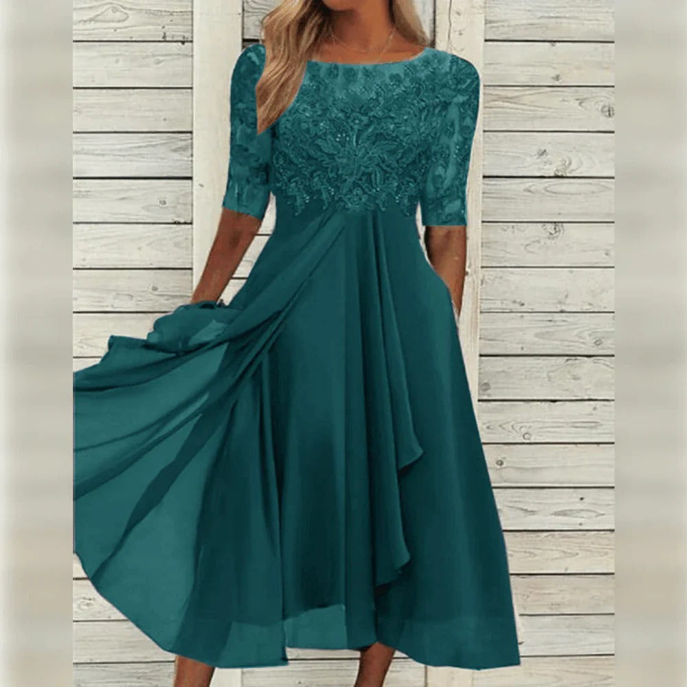 Elegant Midi Dress with Lace Detail and Flowing Skirt for Festive Occasions