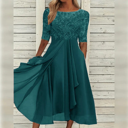 Elegant Midi Dress with Lace Detail and Flowing Skirt for Festive Occasions