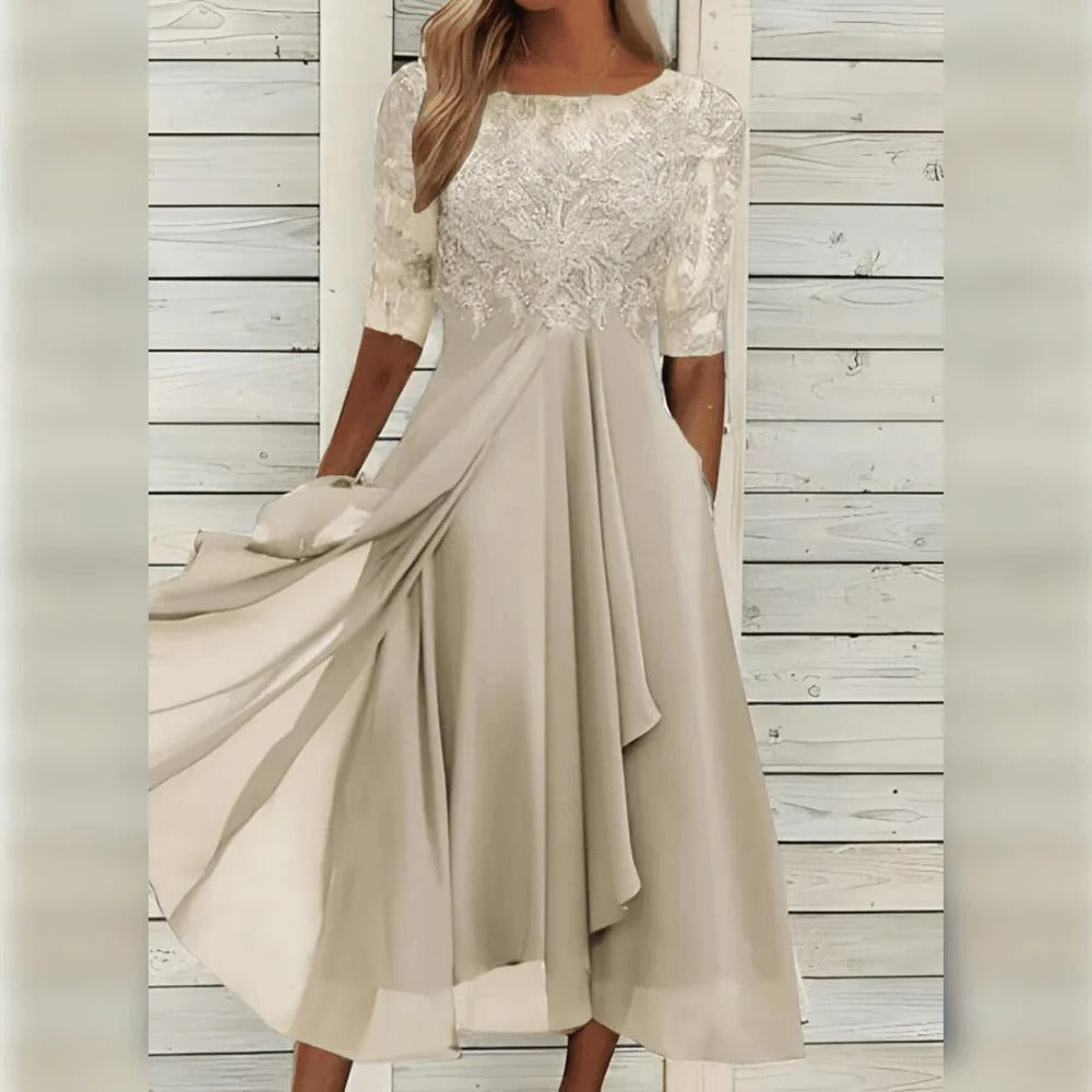 Elegant Midi Dress with Lace Detail and Flowing Skirt for Festive Occasions