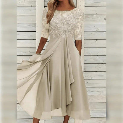 Elegant Midi Dress with Lace Detail and Flowing Skirt for Festive Occasions