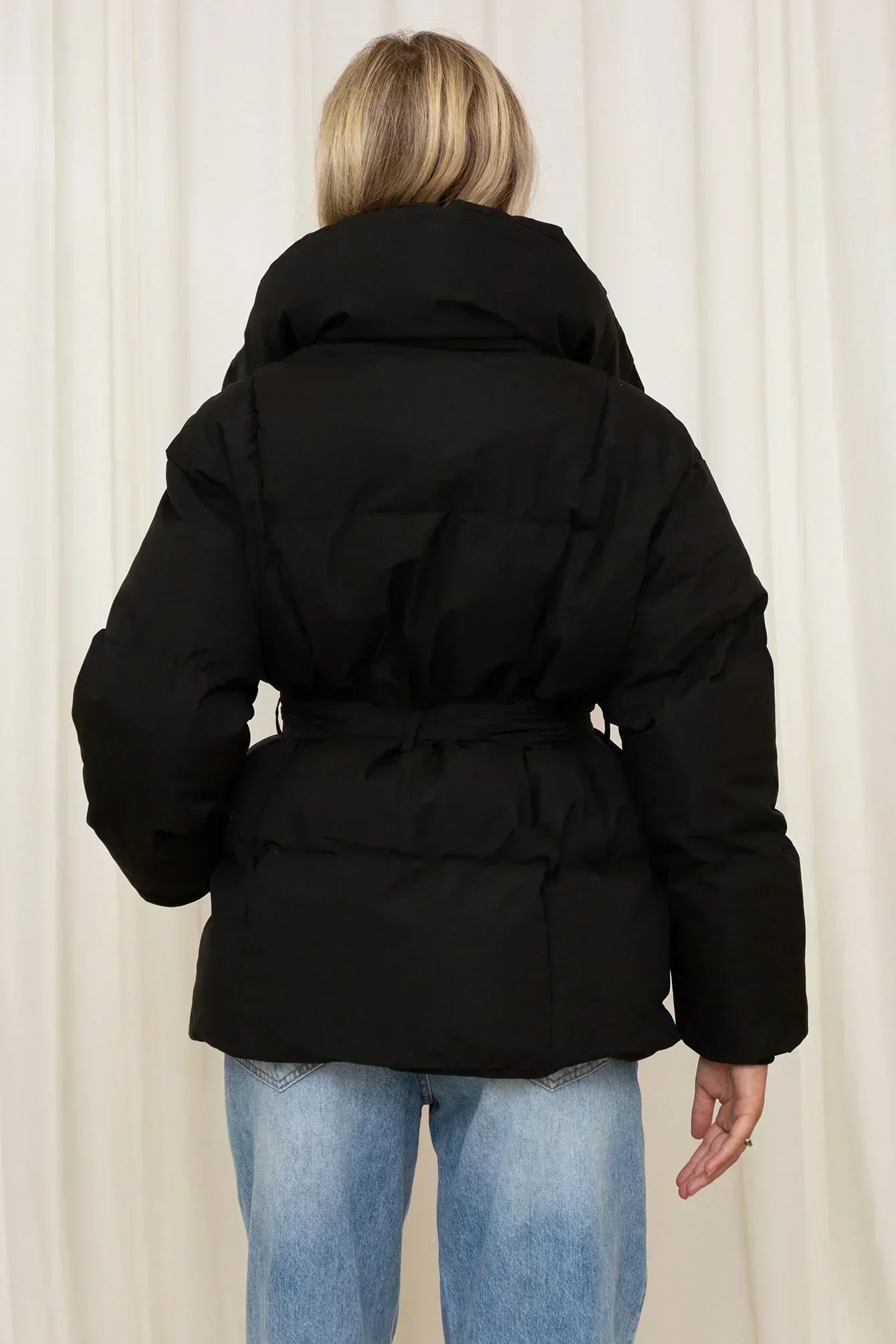Stand with Ladies Padded Winter Jacket with Belt and Up Collar with Warm and Stylish Design
