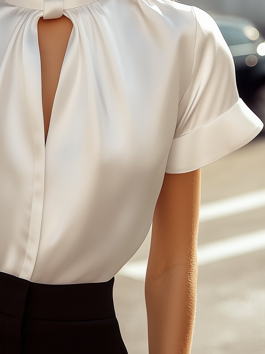Elegant Satin Ladies' Blouse with Keyhole Neckline for Timeless and Refined