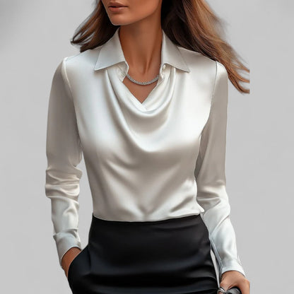 Ladies Satin Blouse with Waterfall Neckline and Long Sleeves