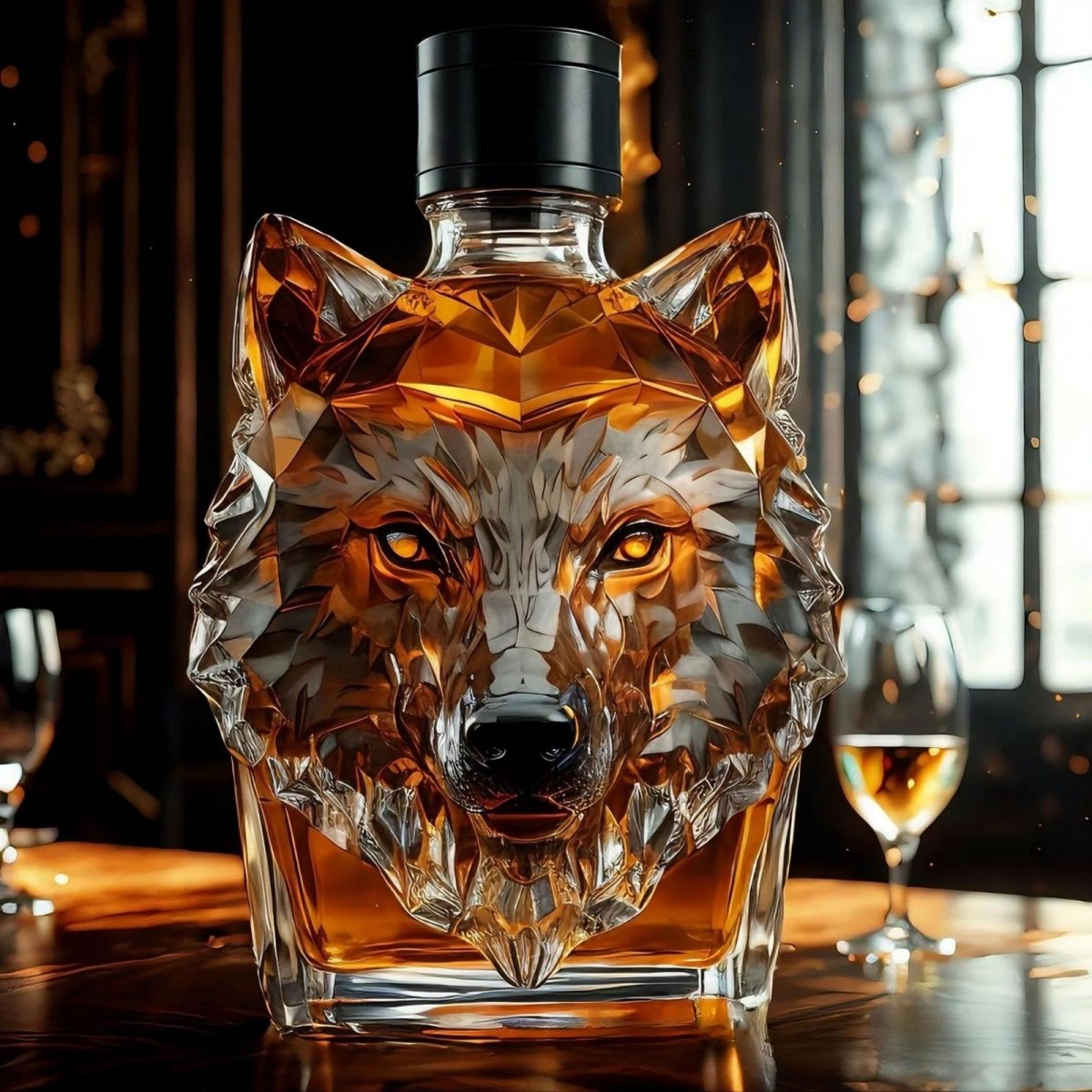 Crystal Whiskey Decanter with Faceted Wolf Design