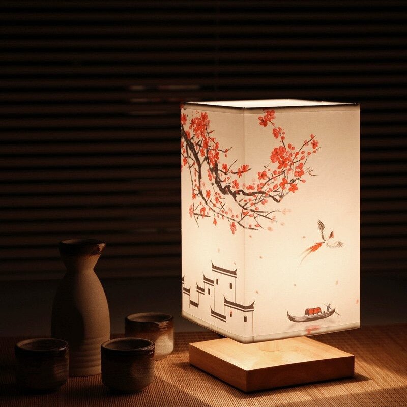 Table Lamp with Scandinavian Japanese Print and Fabric Shade for Interior