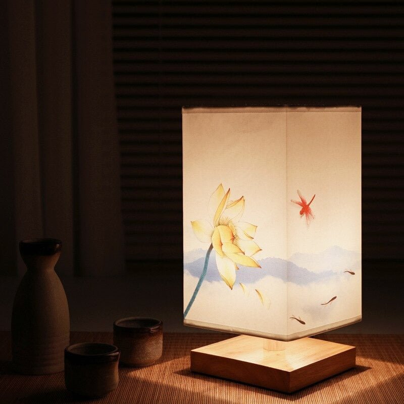 Table Lamp with Scandinavian Japanese Print and Fabric Shade for Interior