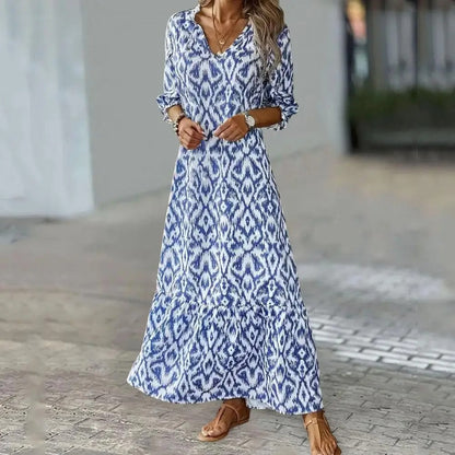 Maxi Dress for Women with Ikat Pattern and Elegant V-Neck