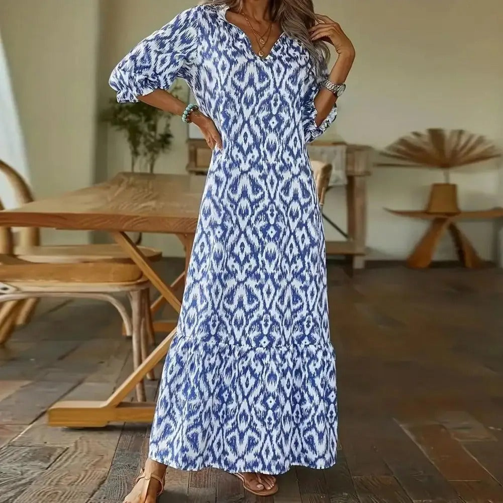 Maxi Dress for Women with Ikat Pattern and Elegant V-Neck