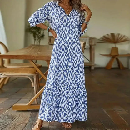 Maxi Dress for Women with Ikat Pattern and Elegant V-Neck