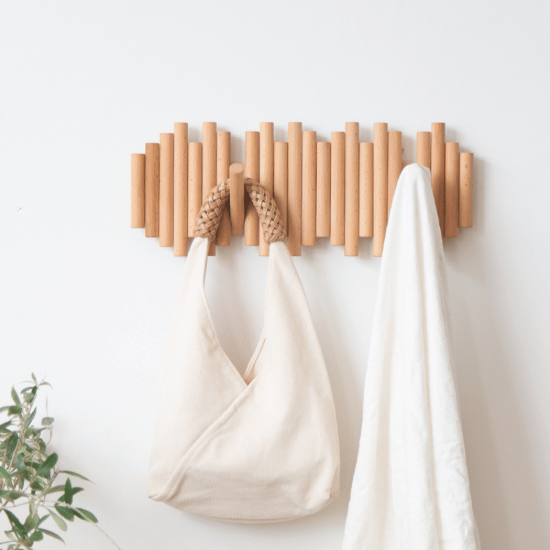 Rack with Handmade Wooden Wall Coat Scandinavian Design for Natural and Functional