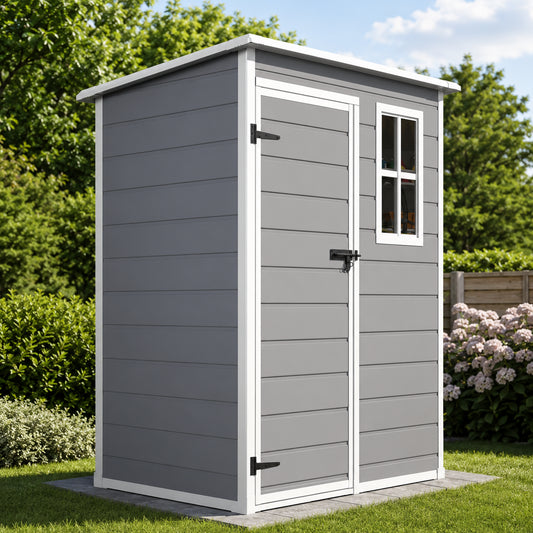 5x3 FT outdoor resin storage shed with lockable door in backyard