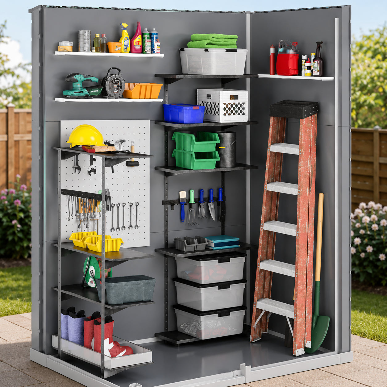 Organized interior of 5x3 FT outdoor resin storage shed with shelves and storage space