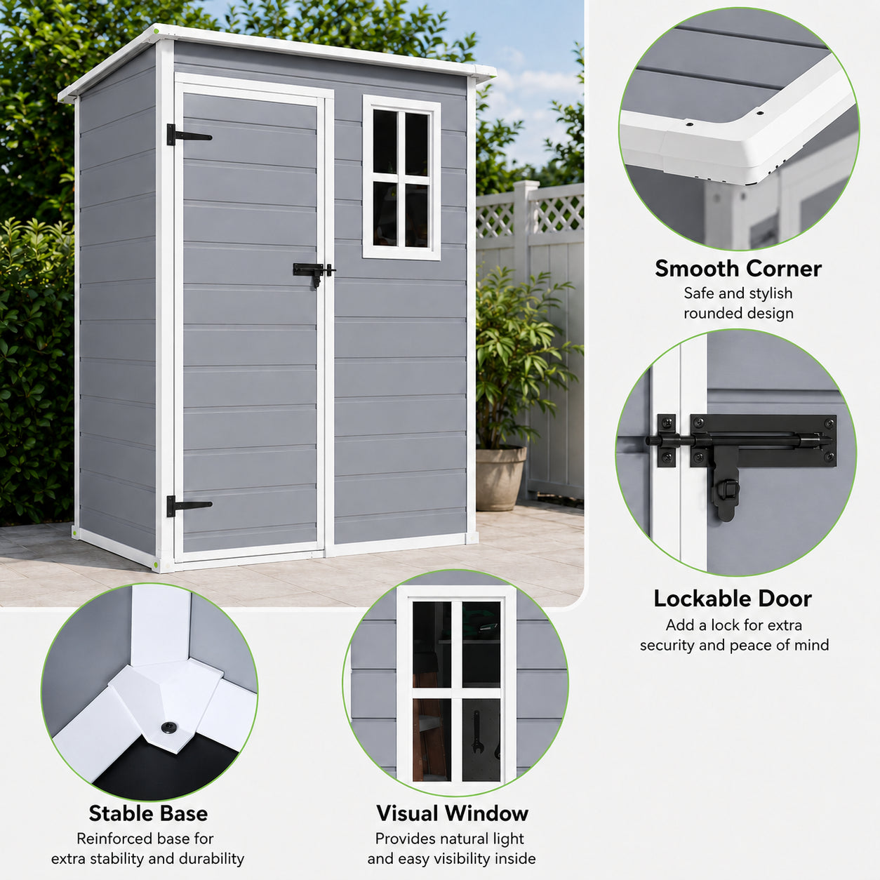Key features of 5x3 FT outdoor resin storage shed including lockable door and visual window