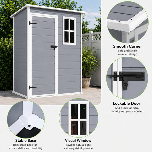 Key features of 5x3 FT outdoor resin storage shed including lockable door and visual window