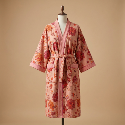 Ladies' Kimono Bathrobe with Botanical Pattern in Organic Cotton