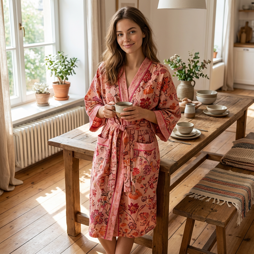 Ladies' Kimono Bathrobe with Botanical Pattern in Organic Cotton