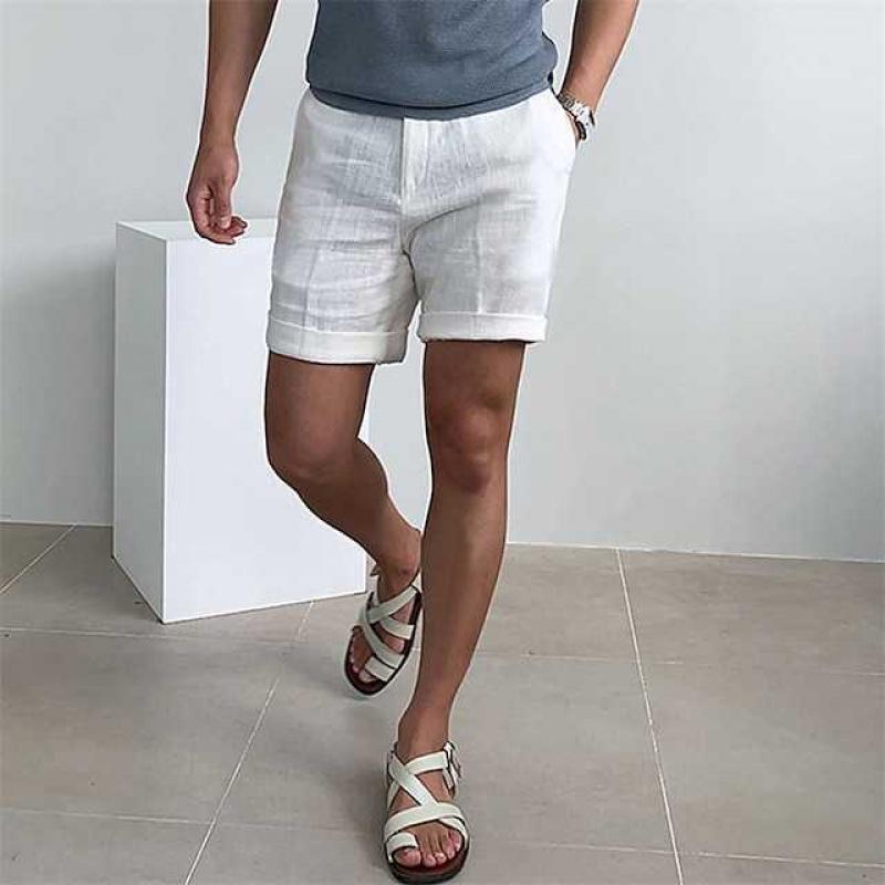 Men's Linen Beach Shorts with Elastic Waist and Comfortable Fit