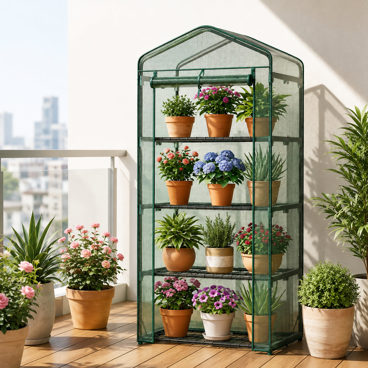 A green mesh portable garden shelf with five tiers, styled with various potted plants on a wooden balcony with a city skyline in the background.
