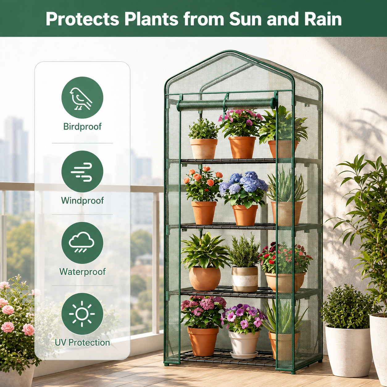 A freestanding mini greenhouse with a transparent green frame and black wire shelves, shown holding multiple potted flowers and plants. The scene is set on a balcony with a city skyline in the background, and a vertical feature callout on the left lists birdproof, windproof, waterproof, and UV protection benefits.